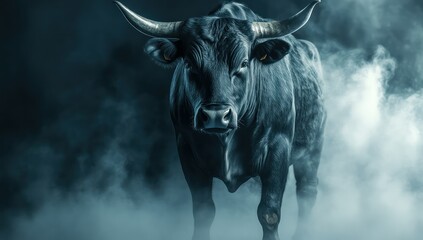 Powerful black bull, smoky studio, dramatic lighting, finance