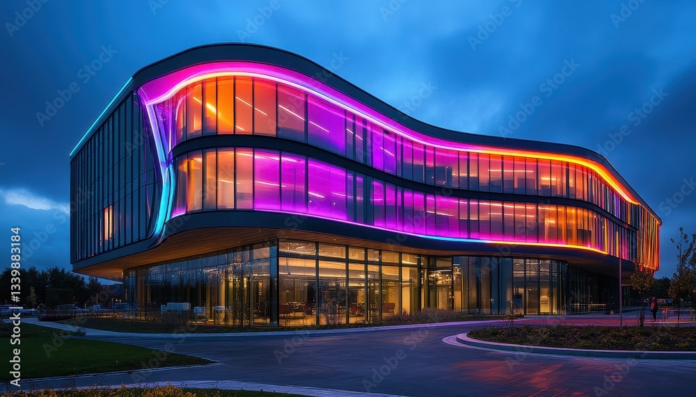 Poster Modern architectural design of a futuristic building illuminated with colorful neon lights against a twilight sky in an urban setting