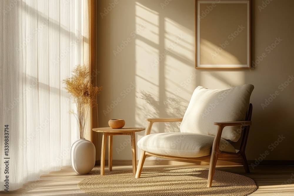 Poster cozy living room corner with soft sunlight creating warm shadows in a calm, minimalist space featuri