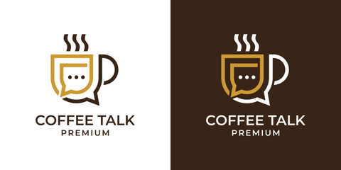 Cup Coffee Logo with Chat Talk Icon Design Illustration. Coffee Chat Talk Bubble Cup Cafe Logo Vector Icon Illustration. Drink Coffee Talk Chat Logo.