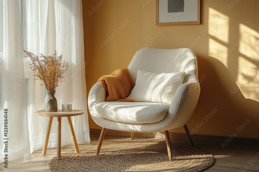 Poster cozy living room corner with soft sunlight creating warm shadows in a calm, minimalist space featuri