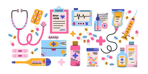Medical medicines sticker set. Cartoon icons pills, thermometers, IV drips, syringes, and other healthcare elements in retro doodle vector style. Perfect for health, medicine, and wellness designs