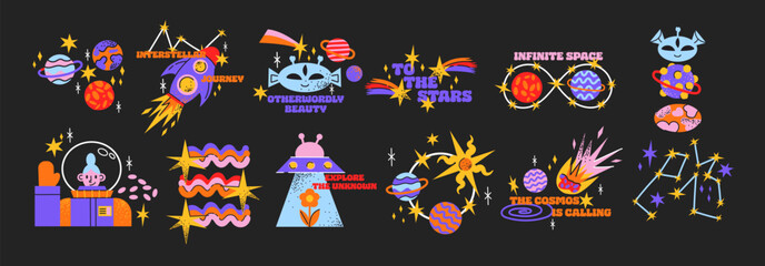 Cartoon space stickers. Galactic elements, planets, rocket, UFO, astronaut, satellite. Shapes of the future of the universe in gravity, trendy retro doodle groovy stickers 90s   © Limpreom
