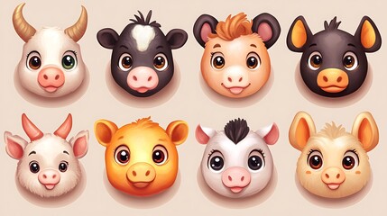 Obraz premium Eight Cartoon Animal Faces With Cute Features and Different Styles