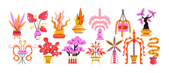 Home plants and leaves in shaped pots. Cartoon indoor plants with vibrant colors and bright design for home decor. Doodle retro stickers