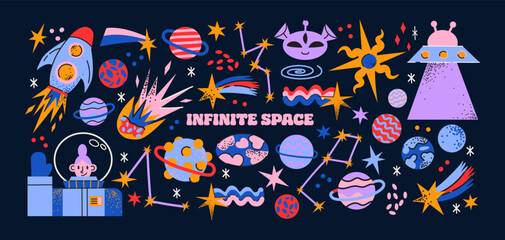 Cartoon space stickers. Galactic elements, planets, rocket, UFO, astronaut, satellite. Shapes of the future of the universe in gravity, trendy retro doodle groovy stickers 90s © Limpreom