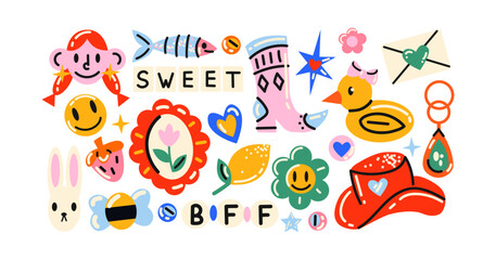 Retro hippie stickers 90s. Cartoon bright psychedelic elements, funky shapes, animals,fruits, vintage. Trendy doodle labels, patches, stamps