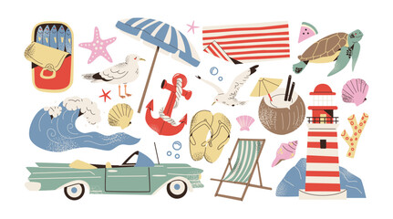 Beach seaside stickers set. Cartoon lighthouse, drinks, shells, sand and waves,  in Scandinavian retro doodle style. Tropical exotic minimalistic design summer shapes © Limpreom