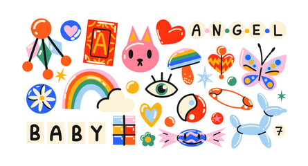 Retro hippie stickers 90s. Cartoon bright psychedelic elements, funky shapes, animals,fruits, vintage. Trendy doodle labels, patches, stamps