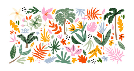 Exotic tropical leaves and jungle plants sticker set. Palm trees, monstera leaves, flowers in a retro cartoon vector style. Ideal for tropical, nature, and summer-themed designs and stickers © Limpreom