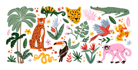 Stickers exotic tropical leaves and wild animals: tigers, leopards, birds, jungle plants, palm trees, monstera leaves and flowers. Set of vector jungle stickers in cartoon retro style © Limpreom