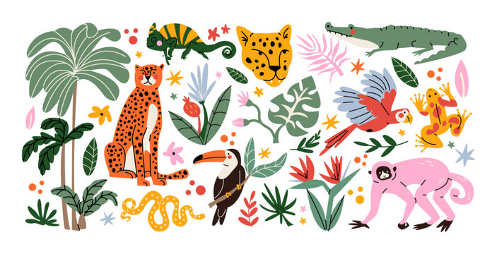 Stickers exotic tropical leaves and wild animals: tigers, leopards, birds, jungle plants, palm trees, monstera leaves and flowers. Set of vector jungle stickers in cartoon retro style