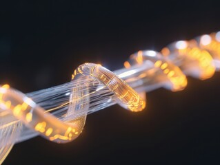 Futuristic fiber optic cable spirals, resembling a glowing organic plant stem with light flowing through it against a dark background.