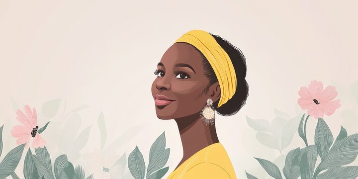 Beautiful smiling woman with yellow headband and floral background