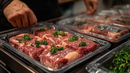 Obraz premium Fresh Beef Steaks Packaged for Sale in Store