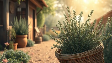 Fototapeta premium Rustic Rosemary Harvest Illustration: A Nostalgic Garden Scene