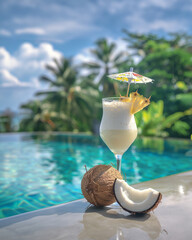 Pina Colada cocktail on the beach with coconut and exotic flower
