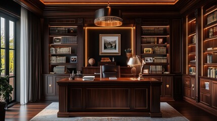 Luxurious dark wood study with bookshelves, desk, and artwork. Possible use Interior design, luxury living, home office