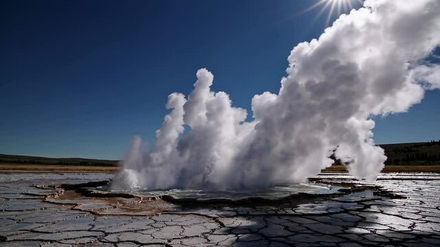 Massive plume of scalding water and steam rising from Great Fountain Geyser, capturing dynamic geothermal power against serene Yellowstone landscape with blue sky backdrop