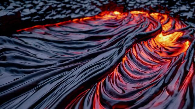 Molten lava streaming across volcanic landscape, forming distinctive pahoehoe textures with glowing red-orange patterns characteristic of geological activity
