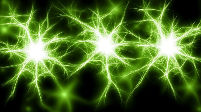 Bright green glowing neural networks connected against a dark background