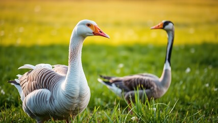 Obraz premium Majestic Goose and Gander Pair on a Sunny Meadow