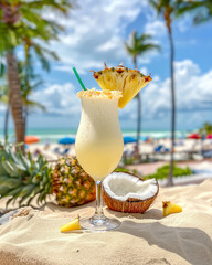 Pina Colada cocktail on the beach with coconut and exotic flower