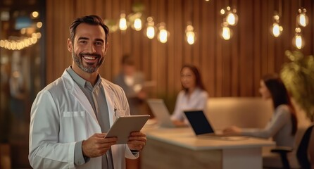 Obraz premium Smiling doctor tablet office colleagues night work