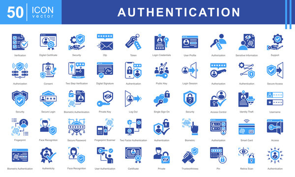 Authentication icon set featuring icons for security, biometric access, authorization, encryption, and digital identity protection. Ideal for cybersecurity, login systems, and secure authentication.