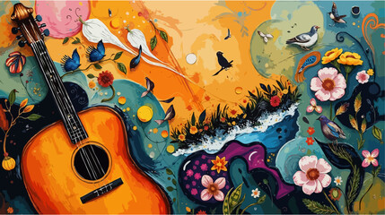 Abstract Music Vector - Whimsical Guitar Painting With Birds And Flowers In Vibrant Colors Creating Dreamy Artistic Atmosphere