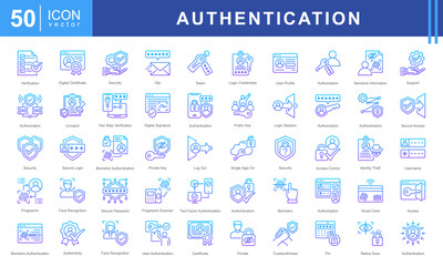 Authentication icon set featuring icons for security, biometric access, authorization, encryption, and digital identity protection. Ideal for cybersecurity, login systems, and secure authentication.