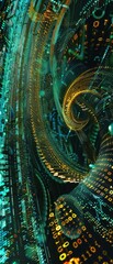 Fototapeta premium Fractal code optimization abstract showing compressed algorithms, binary streams, matrix elements and ultra detailed grain.