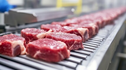 Raw beef steaks on a conveyor belt in a factory