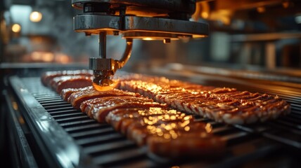 Automated Machine Grilling Rows Of Meat