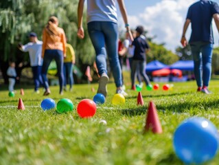 Company sports day with team games on lush green grass; corporate branding subtly visible outdoor fun and activities.