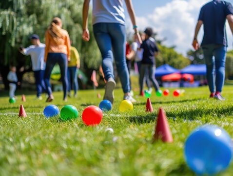Company sports day with team games on lush green grass; corporate branding subtly visible outdoor fun and activities.