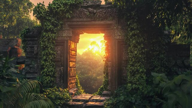 Golden sunlight streaming through weathered stone gateway, densely covered with verdant vines, revealing expansive tropical jungle landscape bathed in warm sunset glow