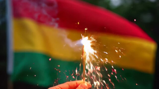 Black history month, juneteenth flag flying with sparkler fireworks juneteenth celebration concept