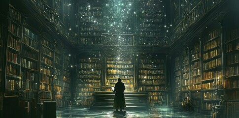A person standing in a large library receiving celestial light