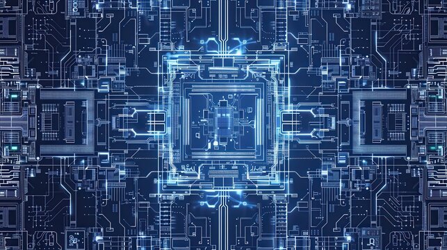 Illuminated CPU blueprint shows multi-core processing visualization with parallel computing streams optimizing thread scheduling.