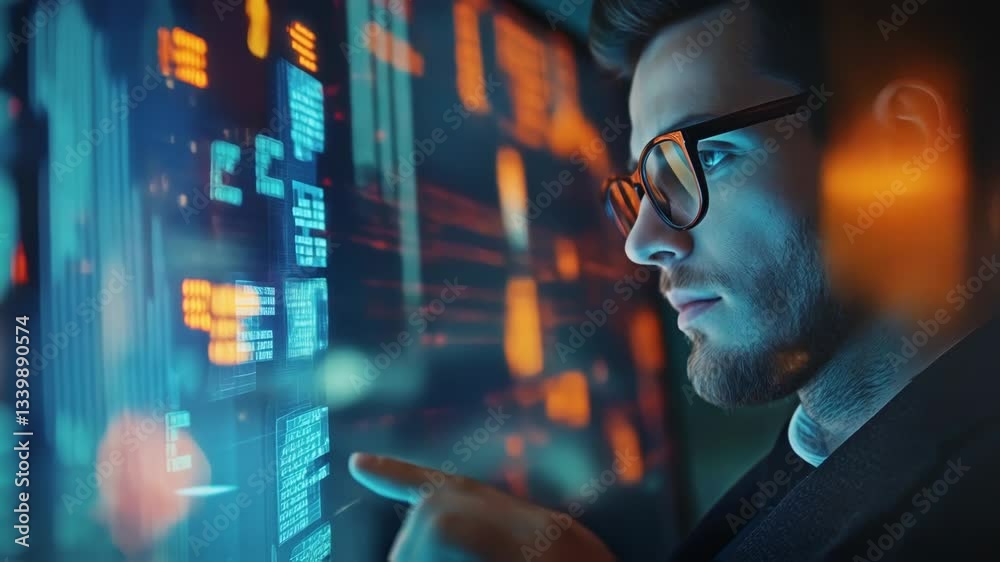 Aufkleber focused software engineer interacting with a transparent digital display, analyzing code, data flow,