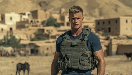 Fototapeta premium Soldier, desert village, body armor, vigilant, sunlit background, film production