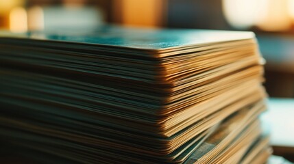 Fototapeta premium Close-Up View of Stacked Pages with Soft Focus and Warm Light, Showcasing the Texture and Detail of Paper and Binding in a Cozy Environment