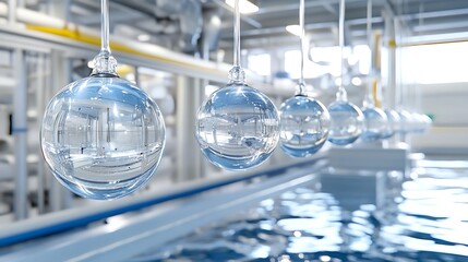 Glass Spheres Hanging Over Water in Modern Laboratory Scientific Research Reflective Surfaces