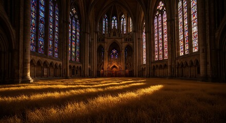 Obraz premium Sunlit Cathedral Interior with Golden Grass