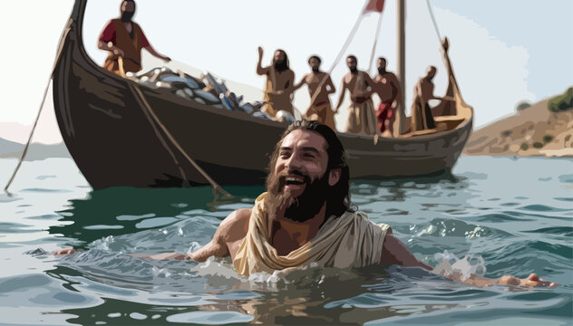 Gospel Vector from the Bible NT - John Tells Simon Peter Jesus is Standing on the Shore and He Swims to Him