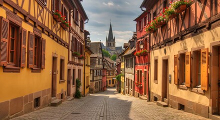 Fototapeta premium Charming European Street Scene with Colorful Buildings