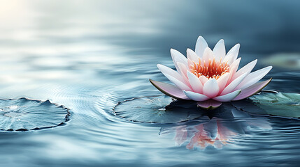 Serene pink water lily floating on calm water reflecting light in gentle ripples and soft hues.