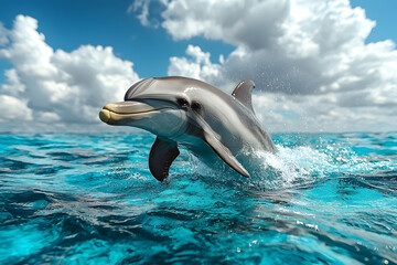 A playful dolphin leaps from turquoise waters under a bright sky dotted with fluffy white clouds.