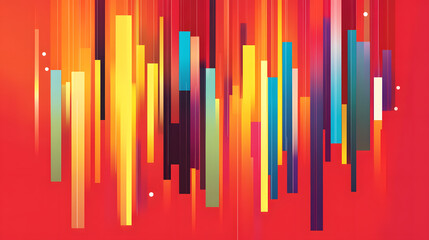 Colorful vertical bars descend against a gradient red background creating a vibrant and abstract composition with subtle highlights.